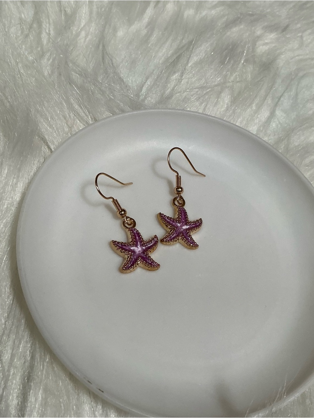 Cute pink/purple ish and gold star fish/ sea star dangle earrings